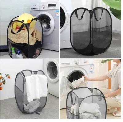 Produktbild von Faltbarer Wäschekorb mit Griff - Tragbarer schwarzer Aufbewahrungskorb aus Mesh - Zusammenklappbare Pop-Up Wäschekörbe, Set aus 2 Stück