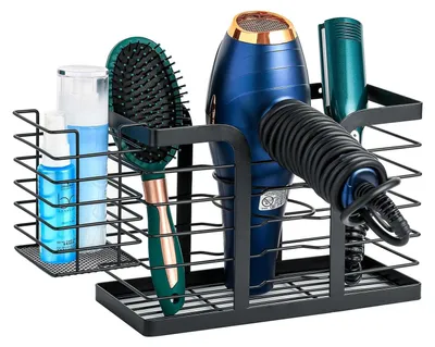 Produktbild von Föhnhalter Haartrocknerhalter Stylinghalter - Edelstahl - 3 Fächer - Schwarz - Wand- oder Tischmontage