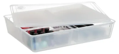 Produktbild von Relaxdays Aufbewahrungsbox mit Deckel, HBT 7 x 32 x 24,5 cm, 3 Fächer, Organizer Büro, Kosmetik, Kunststoff, transparent