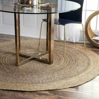 Image de Tapis rond en jute, tissé à la main, 90 x 90 cm, gris avec bordure beige, idéal pour le salon