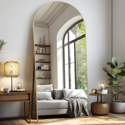 Image de Miroir mural corporel incurvé, 192 x 85 cm, miroir de pied, finition dorée, alliage d'aluminium