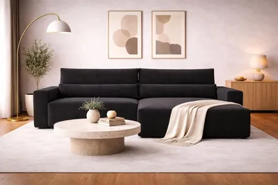 Produktbild von MOEBLO Ecksofa DENVER L – Ottomane beidseitig montierbar, Ecksofa aus Cord, Couch für Wohnzimmer, Schlafsofa Sofagarnitur Sofa Eckcouch L-Form Cordstoff mit Bettkasten und Schlaffunktion - Poso 135 Schwarz