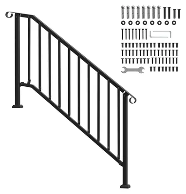 Produktbild von SucceBuy Handläufe für Außentreppen, 5-stufiges Treppenhandlauf-Set Kohlenstoffstahl mit Montagesatz, Übergangsgeländer für Senioren, geeignet für Betonstufen, Veranda und Deck, schwarzes Retro-Design