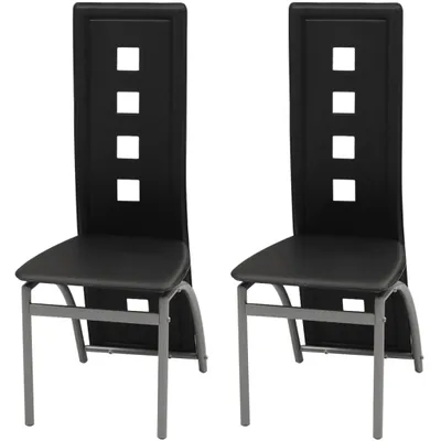 Two black dining chairs with square cutouts on the backrests, shown from the front.