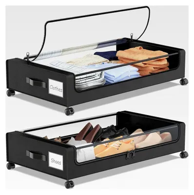Produktbild von 2 Stück Unterbett Aufbewahrungsbox 50L mit Rollen, Organizer für Kleidung, Schuhe, Decken und Bettwäsche, Schwarz, 2er-Pack