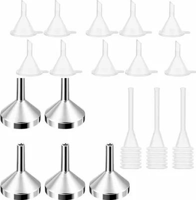 Produktbild von Set von 5 kleinen Metalltrichtern und 10 Mini-Kunststofftrichtern inklusive 3 Mini-Pipetten - ideal zum Befüllen von Flüssigkeiten für Parfümproben und Kosmetika