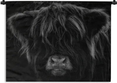 Produktbild von MuchoWow® Wandteppich Wandbehang Schottischer Highlander - Kuh - Schwarz - Weiß - Porträt 90x67.5 cm Tapisserie Dekoration Wandtuch - Fototeppich - Wand-Skulpturen
