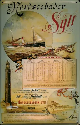 Produktbild von Blechschild Sylt Fahrplan Leuchtturm Dampfer Reedereiplakat Schiff Schild Nostalgieschild