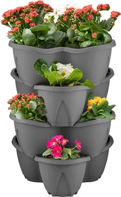 Immagine prodotto di Set di 4 fioriere impilabili in antracite - Vasi modulari in plastica con drenaggio per erbe aromatiche e piante