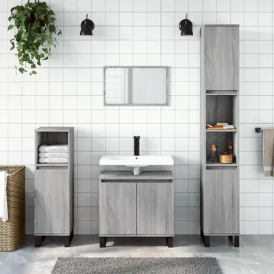Image de Armoire de salle de bain de 30x30x190 cm, finition chêne sonoma, avec pieds en bois et en métal