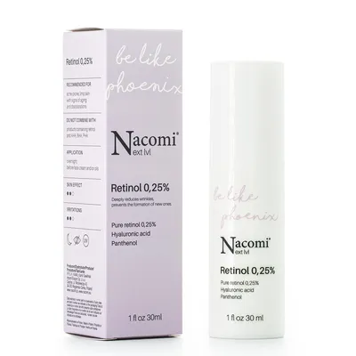 A product box and bottle of Nacomi Retinol 0.25% serum are displayed against a white background.