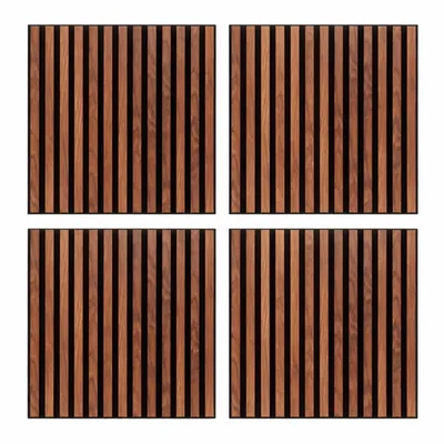 Productafbeelding van Wandpaneelset, 4 stuks, 60x60 cm – MDF 3D-wanddecoratie in walnootlook (donkerbruin) met zwarte lamellen, moderne lamellenwand-look voor de woonkamer