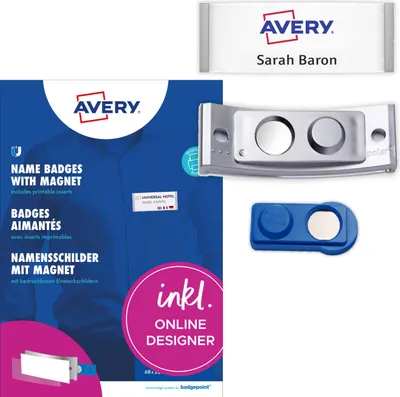 Produktbild von Avery Zweckform POL20MA66-20DR, Namensschilder, 68 x 22  mm, 20 Schilder / 120 Einsteckschilder / 5 Bögen