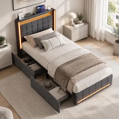 Obrázok produktu pre Postel INONEFT, 90x200 cm, s úložným priestorom, posteľ pre mládež s LED osvetlením a USB/Typ C portmi, jednolôžková posteľ so 2 zásuvkami, posteľ s úložným priestorom a latkovým roštom, materiál: ľan, farba: sivá