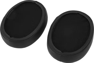 Two black replacement ear pads for headphones are shown on a white background.