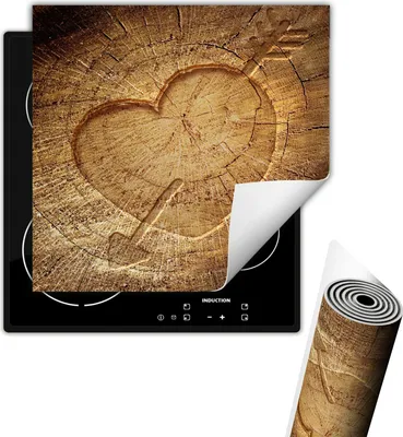 Produktbild von Herdabdeckplattee Glaskeramikfeldabdeckung 50x52 cm Anti Rutsch Matte Aufrollbar, Herz Holz