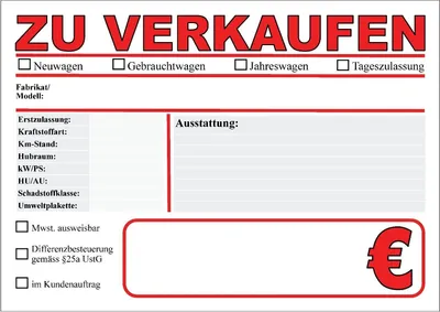Produktbild von 100 KFZ Verkaufsschilder DIN A3 PKW Auto Verkaufsschilder Preisschilder Autohandel wagen 100AutoA3rot