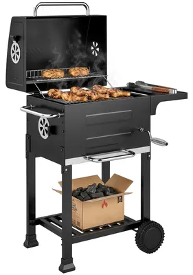 Image de Barbecue au charbon de bois compact avec chariot, couvercle, thermomètre, grille, table d'appoint, bac à cendres et fentes d'aération
