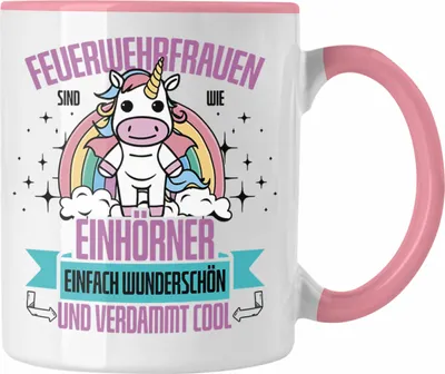 Produktbild von Trendation - Lustige Feuerwehrfrau Tasse Geschenk für Frauen in der Feuerwehr Einhörner (Rosa)