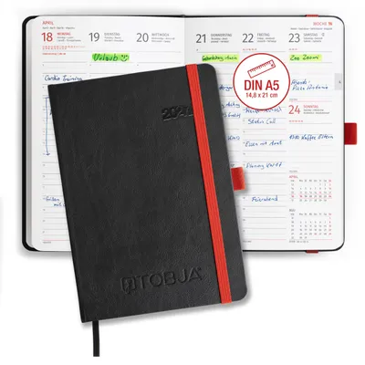 Produktbild von Buchkalender 2027 A5 Nero Rot Hardcover - 1 Woche 2 Seiten Halbstunden-Taktung 6-21 Uhr