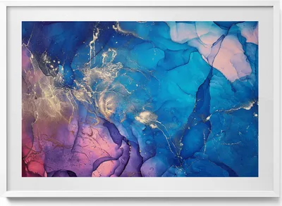 Produktbild von Blaue Abstraktion mit Rosa– Wandbild mit Rahmen – Gerahmtes Bild  – Wanddekoration – 100x70 cm –  Weiß Rahmen