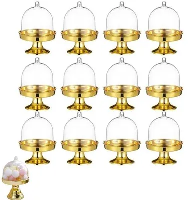 Obrázok produktu pre Štandardný stojan na minitorty – priehľadný zlatý stojan na malé torty – 7 x 5 cm – na narodeniny, svadbu, sviatky