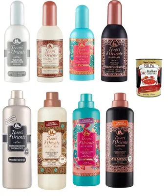 Produktbild von Tesori d´Oriente Testpaket Aromatic Parfum Eau de Toilette EDT 4x 100 ml und Testpaket Tesori d Oriente 4x 750 ml Weichspüler + Italian Gourmet polpa 400g
