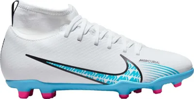 A single white Nike Mercurial soccer cleat with blue and pink accents, shown from the side.