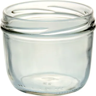 A clear glass jar with a threaded opening.