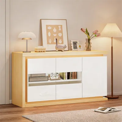 Immagine prodotto di okwish Mobile da cucina per soggiorno con illuminazione a LED e ante in vetro temperato, mobile contenitore multifunzionale con 4 scomparti, bianco