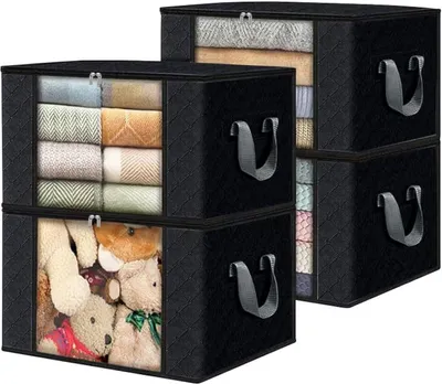 Produktbild von flintronic 84L Groß 4 Stücks Aufbewahrungstasche Tragetasche, Handliche Reißverschluss-Box, Groß Aufbewahrungstasche Bettdecken, Aufbewahrungstasche für Bettdecken und Kissen - (Schwarz)