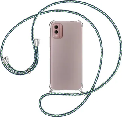 Produktbild von Handykette Backcover-Schutzhülle mit Band (Metall silberfarben) für Nokia C32 4G (6.5'') - grün/blau/weiß