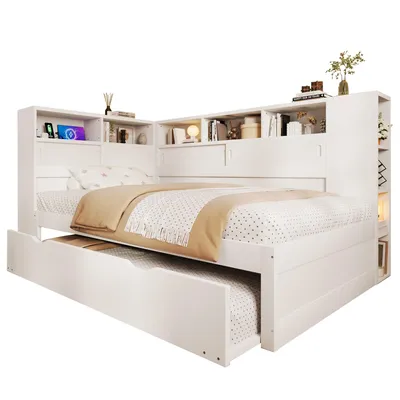 Produktbild von Massivholzbett mit Gästebett, Regal und USB Anschlüssen, 90x200cm, Einzelbett, Jugendbett mit Lattenrost
