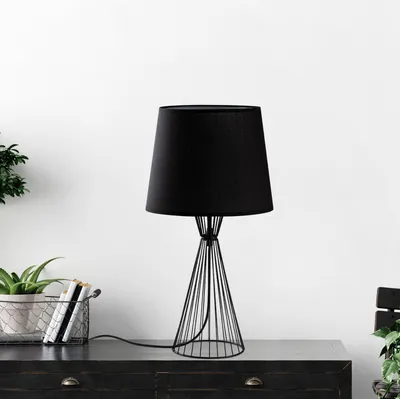 Produktbild von Opviq, Moderne Tischlampe mit Metallkörper, Schwarz, 28 x 28 x 55 cm | Stoffschirm Ø22-28 h:22 cm | E27 Fassung, max. 40 W, IP20 | Stilvolles, industrielles Design für jeden Raum.