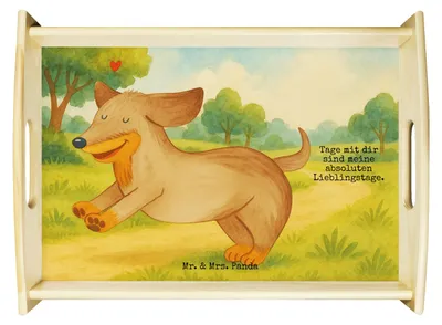 Produktbild von Mr. & Mrs. Panda Serviertablett Hund Dackel Design - Weiß - Geschenk, Hunde, Hundemotiv, Tablett, Dachshund, Servier, holz, Deko, Herz