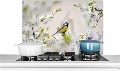 Produktbild von KitchenYeah®  Spritzschutz Küche - Küchenrückwand - Wandschutz für Herd und Spüle - Vogel - Kohlmeise - Blumen - Blütenbaum 80x55 - Alu-Dibond (Alternative zum Spritzschutz aus Glas) - Hitzebeständig