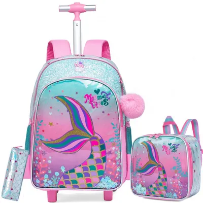 Produktbild von Schultaschen-Set mit Trolley, Lunchtasche und Federmäppchen, Mädchen, B-rosa Meerjungfrau, 42 x 30 x 20 cm