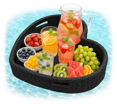 Produktbild von Relaxdays Schwimmendes Tablett Herz, Pooltablett für Getränke & Snacks, HBT: ca. 20x60x60 cm, Rattan, unsinkbar, schwarz