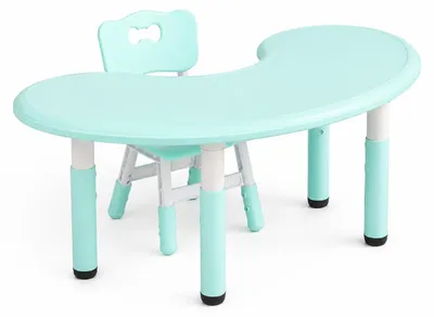 Image de Bureau pour enfant réglable en hauteur (43–51 cm) avec chaise – Table en demi-lune 120 x 65 cm, vert clair, en plastique – Table multifonctionnelle pour garçons et filles de 2 à 10 ans