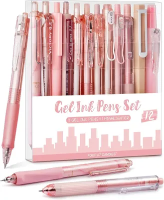 Produktbild von Gelstifte Set: 12er-Pack, Schwarz & Pastell Textmarker, Aesthetic Pens - Schule & Büro (Rosa