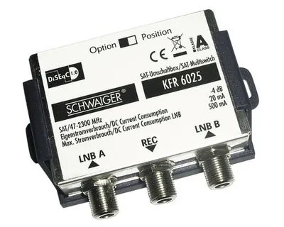 Produktbild von Schwaiger KFR6025531, 2 Eingänge, 1 Ausgänge, 950 - 2300 MHz, 4 dB, 75 Ohm, 75 Ohm