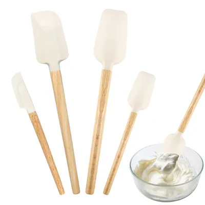 Produktbild von Silikonspatel mit Holzgriffen, hitzebeständig, antihaftbeschichtet, klein, schmal, zum Kochen, Mischen, Backen und Verstreichen von Marmelade.