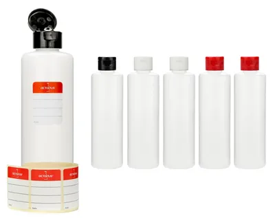 Immagine prodotto di 6 bottiglie di plastica da 250 ml rotonde in HDPE, G25, chiusura a cerniera ribaltabile, 2 ciascuna nei colori nero, rosso e bianco