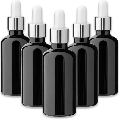Produktbild von 5x Schwarze Glasflasche 50 ml mit silberner Pipette Tropfflasche leer