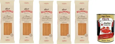 Produktbild von Rummo Bucatini n° 6 Pasta Lenta Lavorazione Teigwaren aus Hartweizengrieß Bronze-Zeichnung 5x 500g + Italian Gourmet polpa 400g