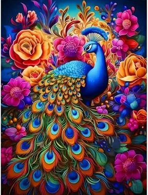 Produktbild von "Malen nach Zahlen: Pfau mit bunten Blumen, 40x50 cm, auf Leinwand, gerahmt. Kreatives Hobby."