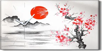 A wall clock with a traditional Japanese ink painting design of a cherry blossom tree and a sun.