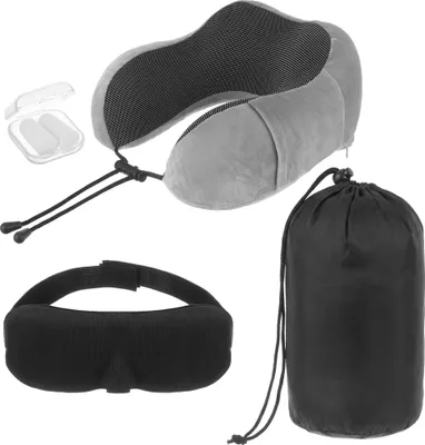 Produktbild von Xtrobb Reisekissen Nackenkissen 3D aus Memory Foam – ergonomische Nackenstütze für Flugzeug, Auto & Bahn – Schlafmaske & Ohrstöpsel Set