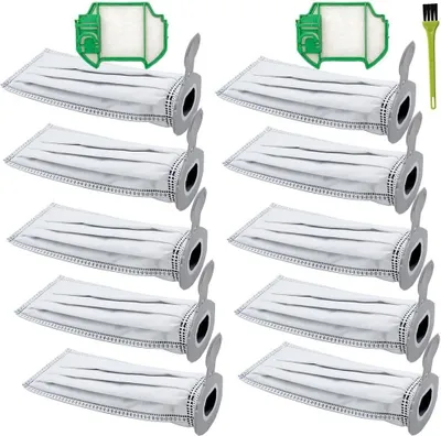 A collection of vacuum cleaner bags and filters arranged neatly on a white background.