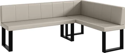 A beige corner bench with black metal legs, shown from a diagonal angle against a white background.